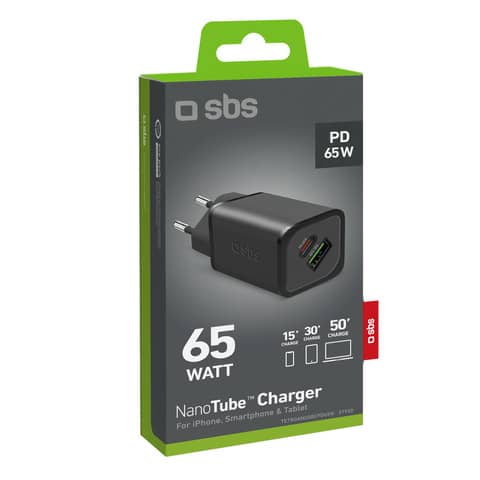 Caricatore da parete SBS GaN 65W 1xType C PD 65W+ 1xUSB AFC 18W  - GaN. Split 45W +18W - nero - TETRGANUSBCPD65W